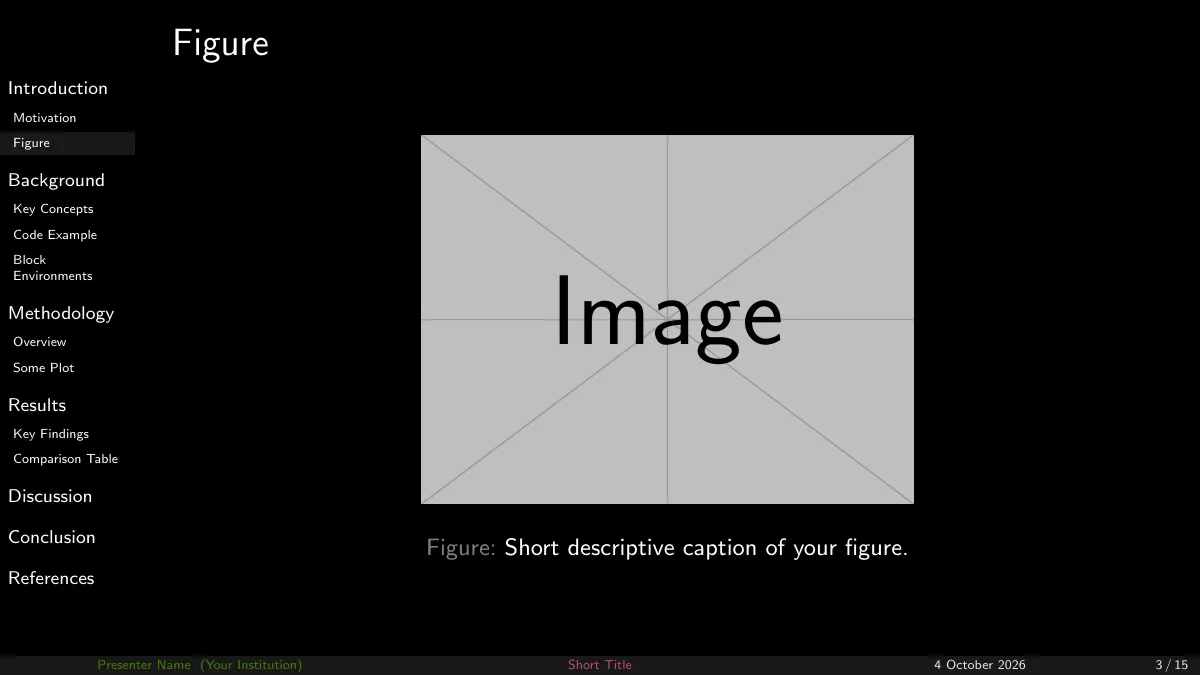 LaTeX-Vorlage Dunkles Beamer-Template mit Navigationsleiste, Seite 3 von 15