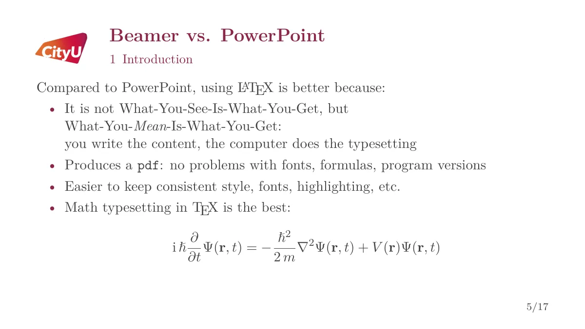 College Beamer theme with logos and title backgrounds LaTeX template, page 5 of 19