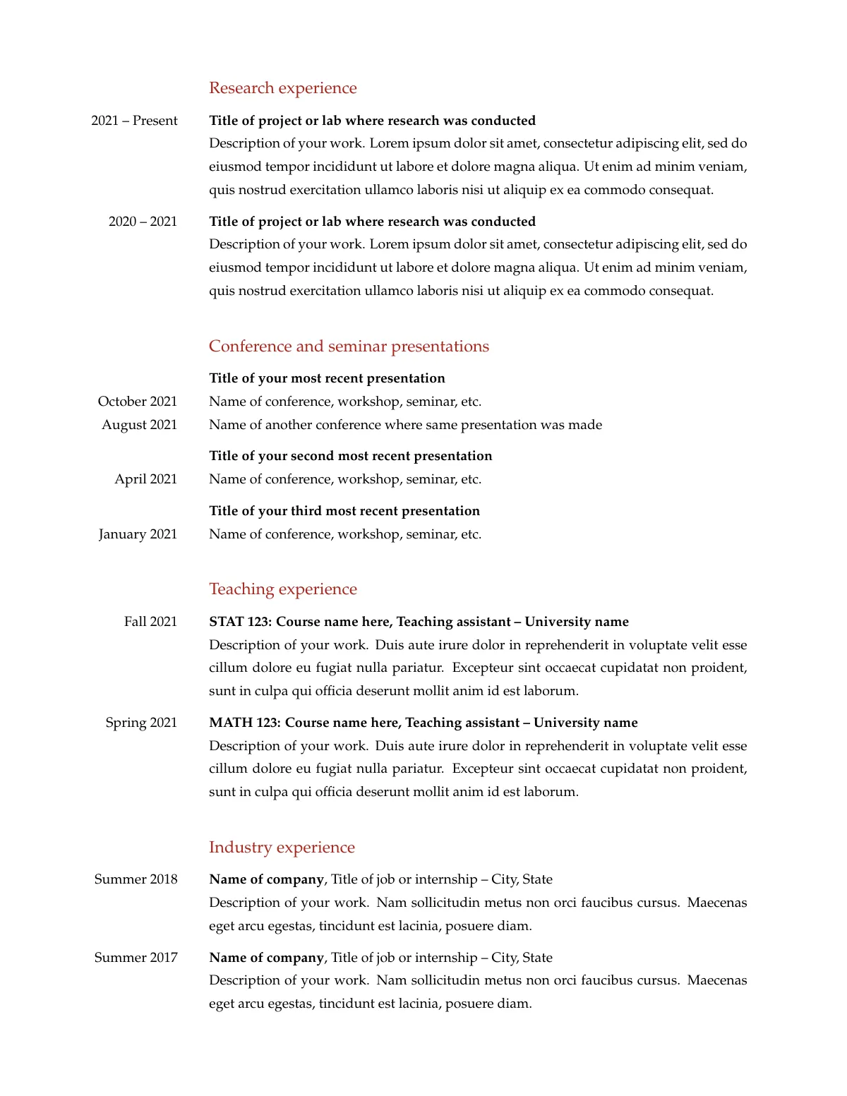 Academic CV with margin dates and research interests LaTeX template, page 2 of 3