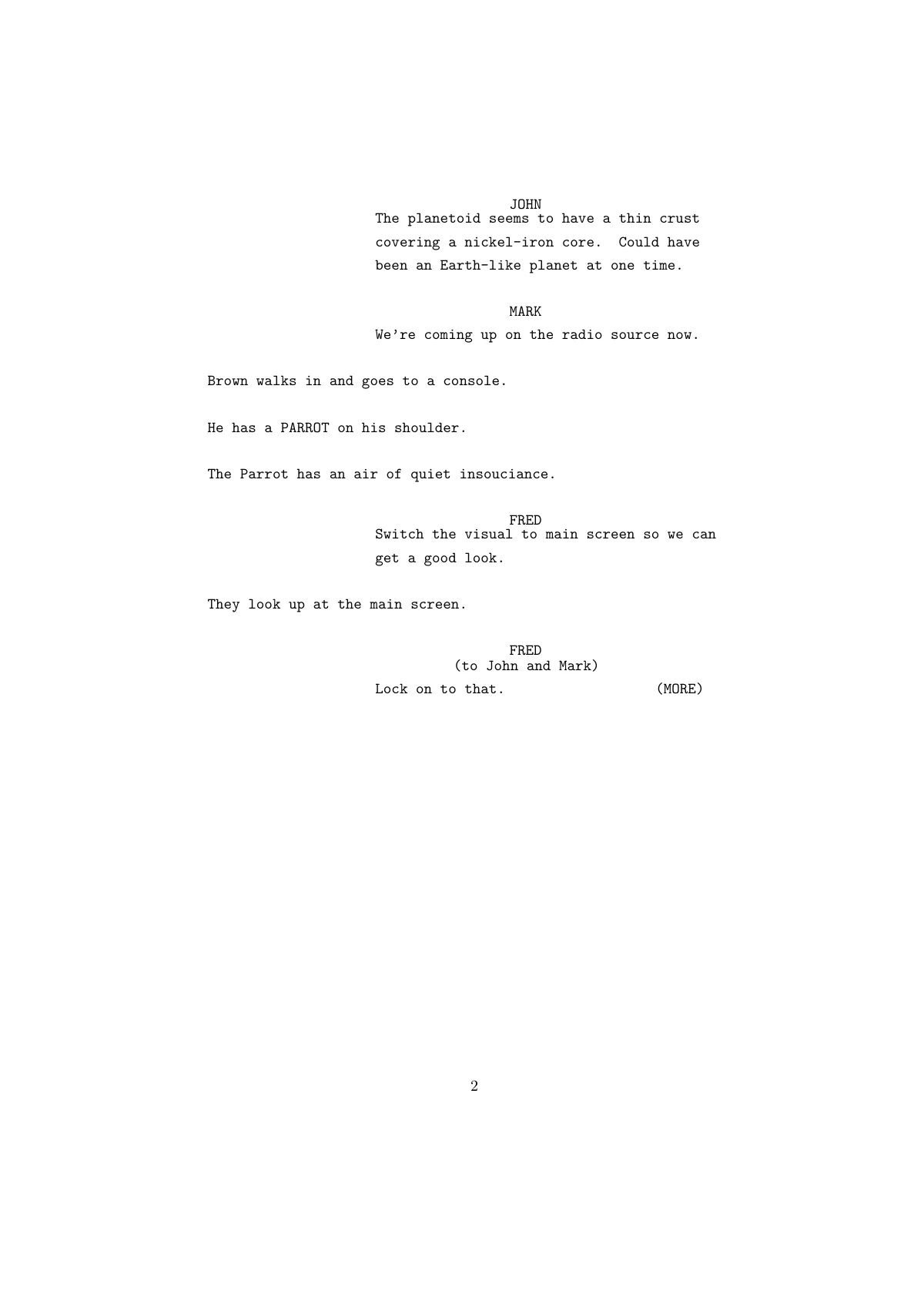 Screenplay fragments inside an article LaTeX template, page 2 of 4