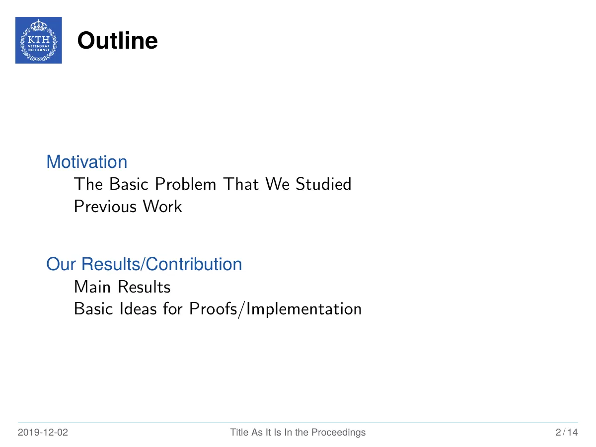KTH Royal Institute of Technology Beamer theme LaTeX template, page 2 of 19
