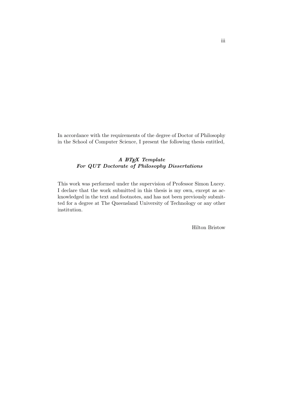 Queensland University of Technology PhD thesis LaTeX template, page 3 of 15