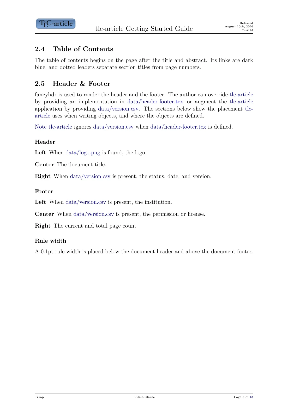 Article class with title page and version metadata LaTeX template, page 5 of 13