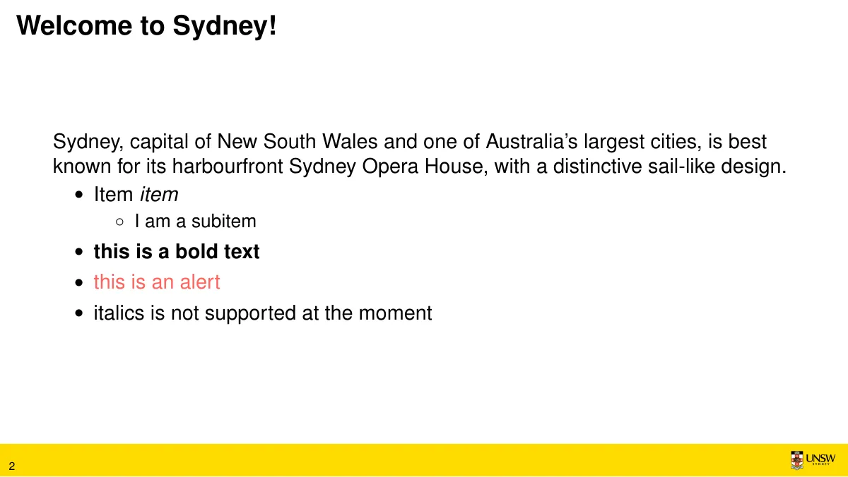 UNSW Beamer theme LaTeX template, page 2 of 6