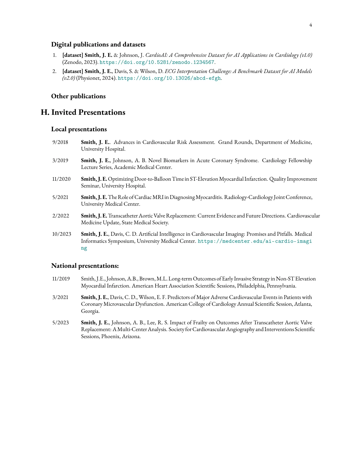 Plantilla de LaTeX CV de medicina académica con publicaciones en biblatex, página 4 de 4