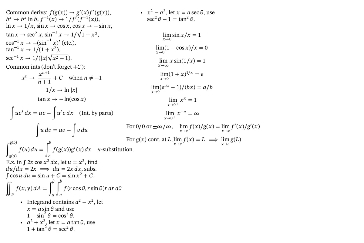 LaTeX-mallen Matematisk formelsamling på två sidor för tentor, sida 2 av 2