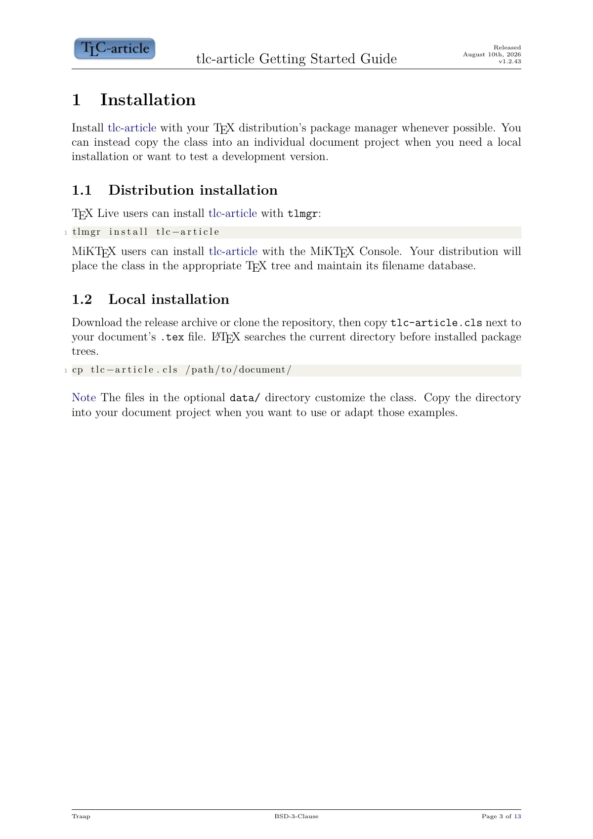 Article class with title page and version metadata LaTeX template, page 3 of 13