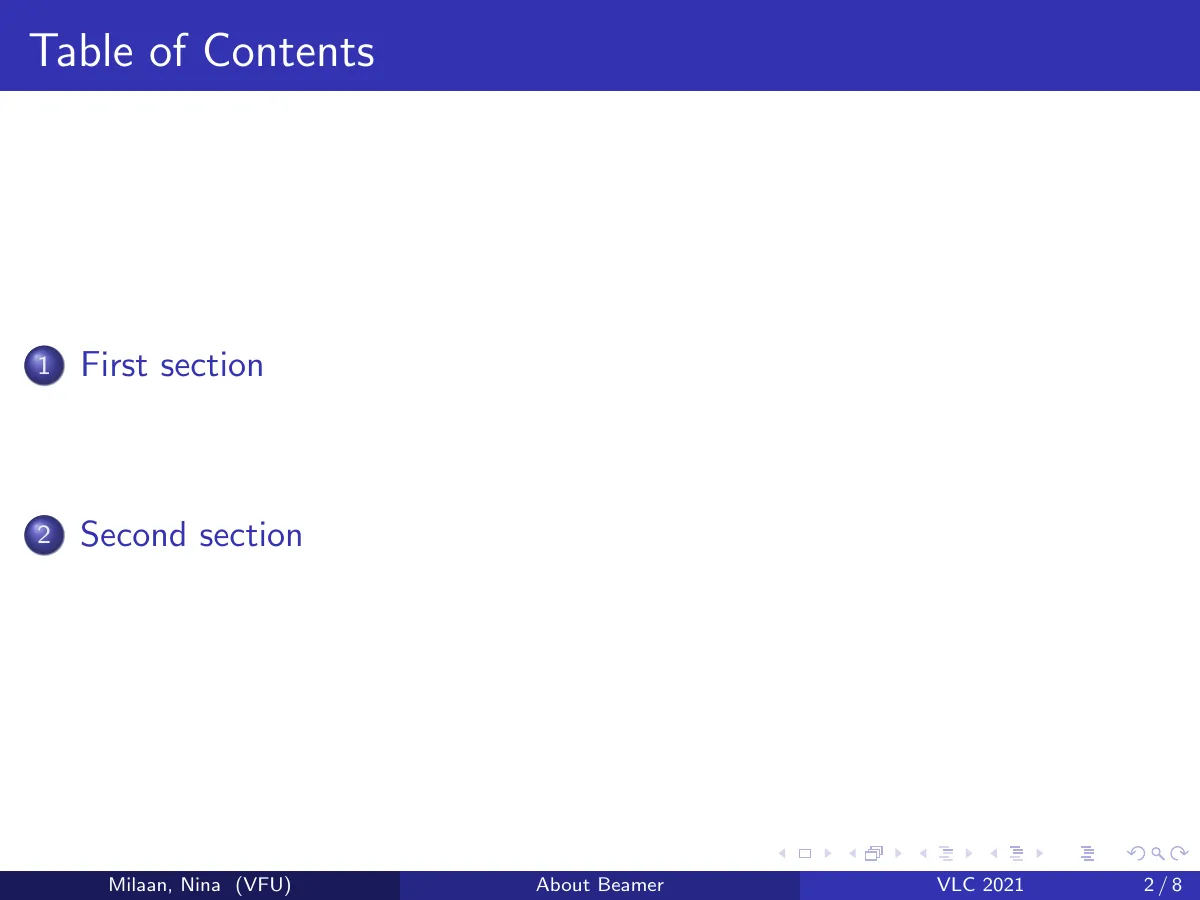 First Beamer presentation, short example LaTeX template, page 2 of 13