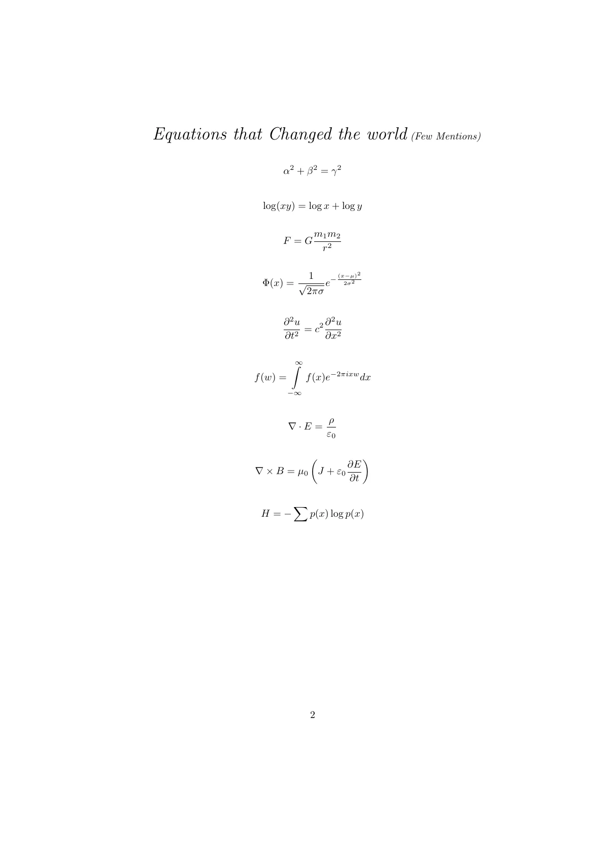 Mathematical equations examples LaTeX template, page 2 of 2