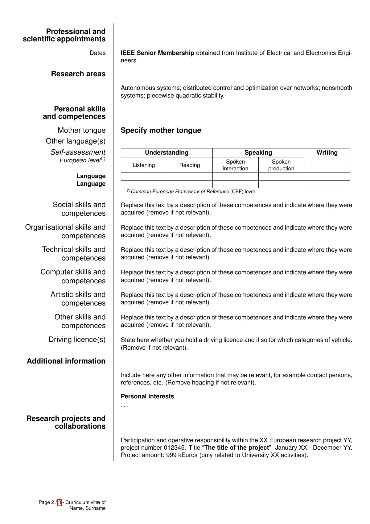LaTeX-Vorlage Europass akademischer Lebenslauf mit Publikationen und Abschlussarbeit, Seite 2 von 3