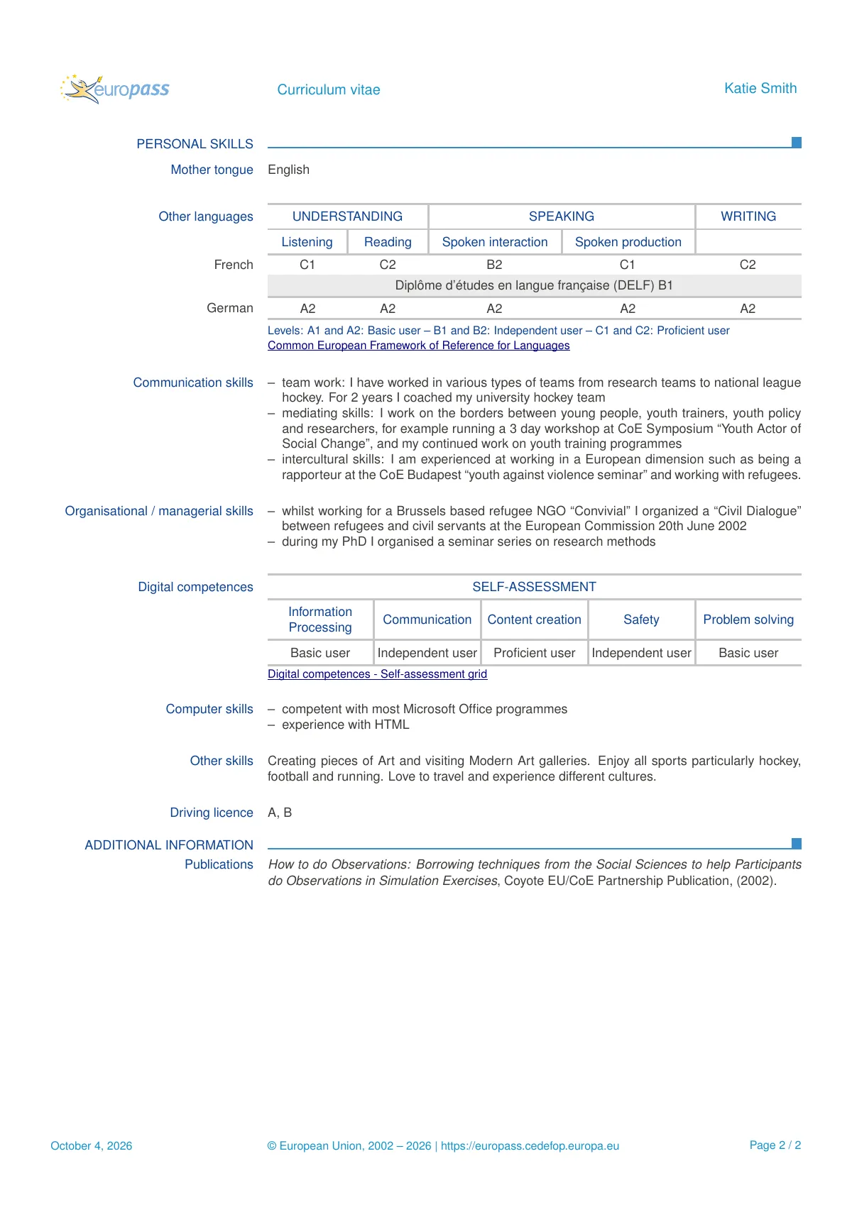 LaTeX-mallen Europass CV, 2013 layout, sida 2 av 2