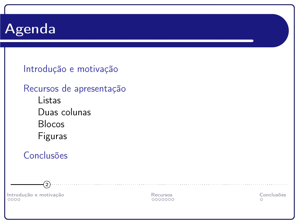 LaTeX-mallen LALIC Beamer-tema (portugisiska), sida 2 av 14