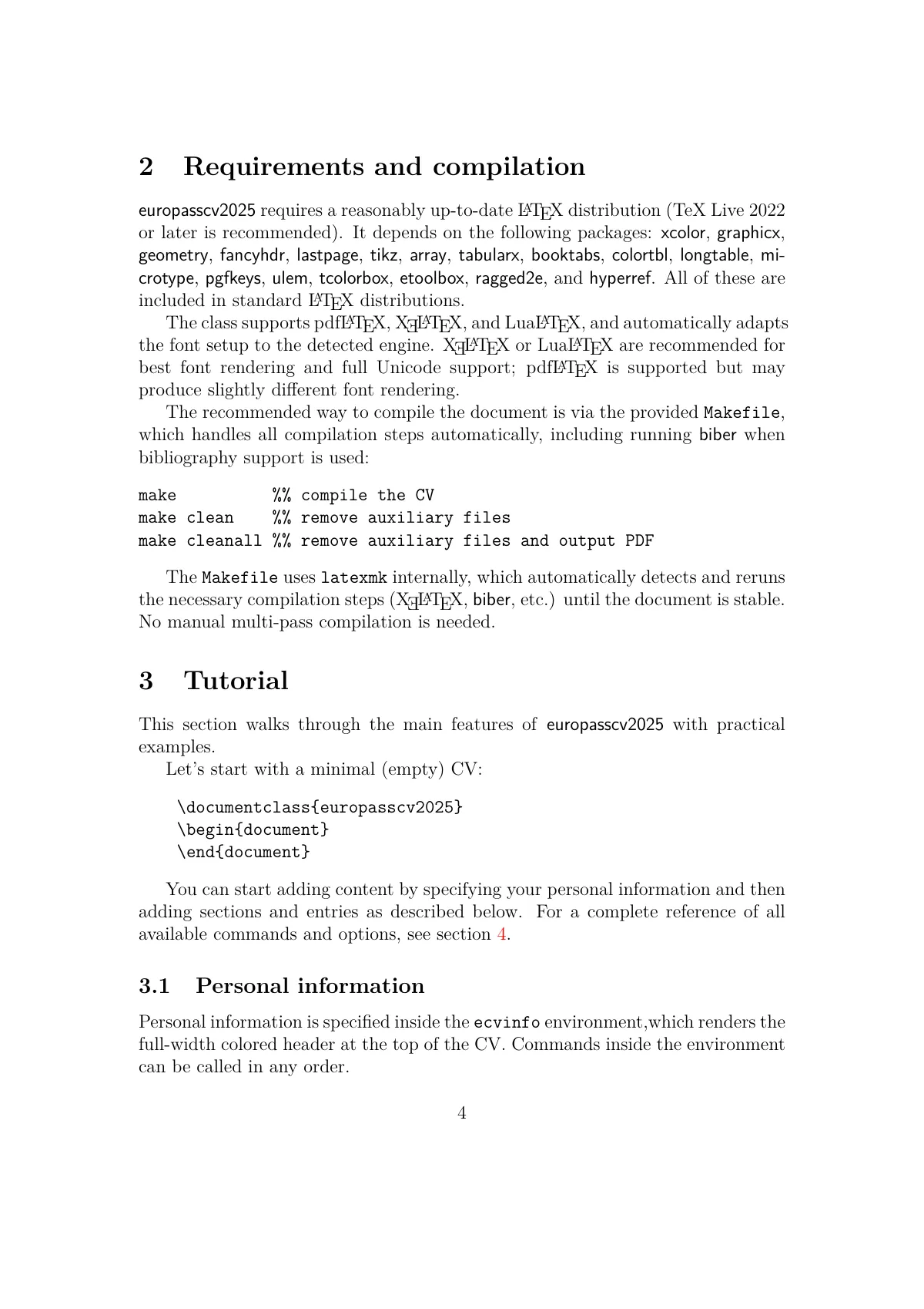 Plantilla de LaTeX Guía de la clase Europass CV 2025, página 4 de 12