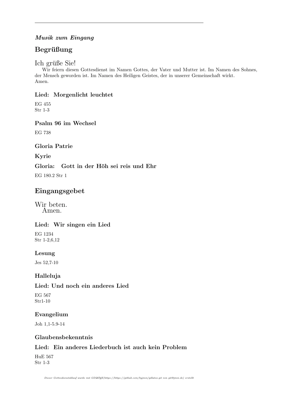 Gottesdienst order of service LaTeX template, page 2 of 3
