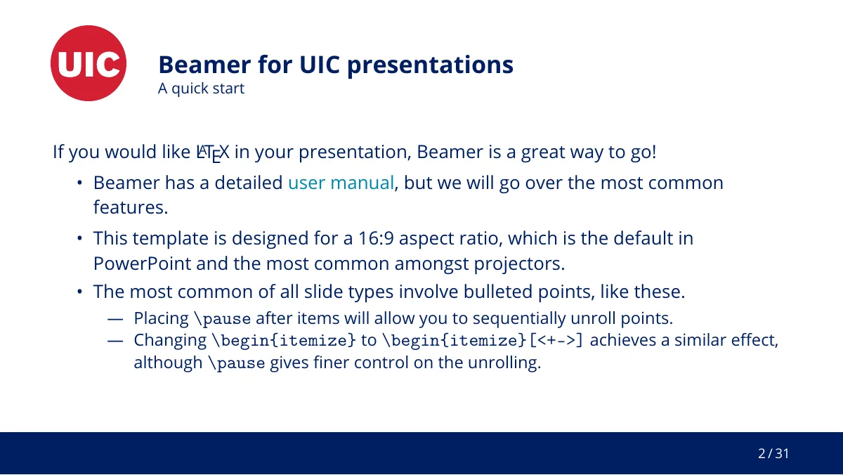 University of Illinois Chicago Beamer theme LaTeX template, page 3 of 35