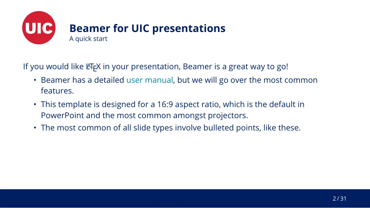 University of Illinois Chicago Beamer theme LaTeX template, page 2 of 35