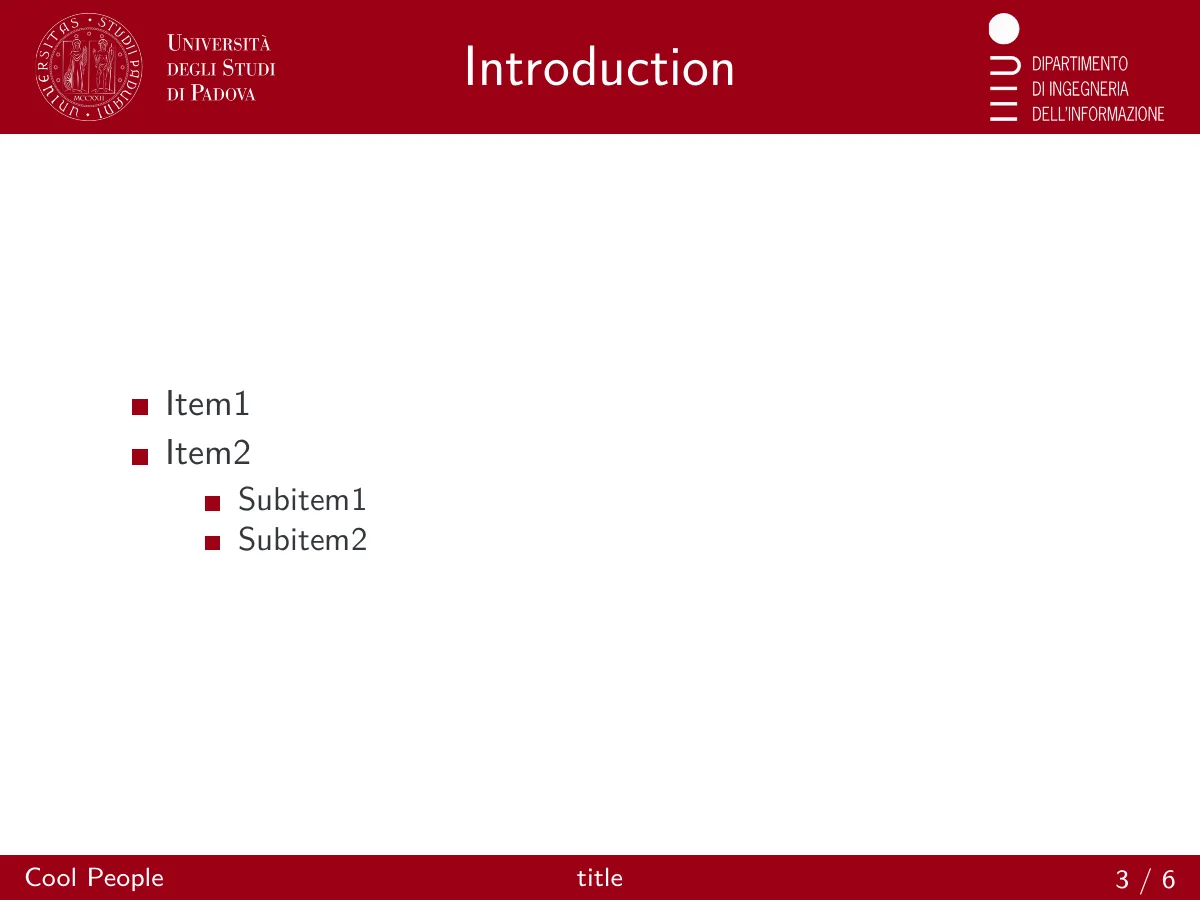 University of Padova DEI Beamer theme LaTeX template, page 3 of 6
