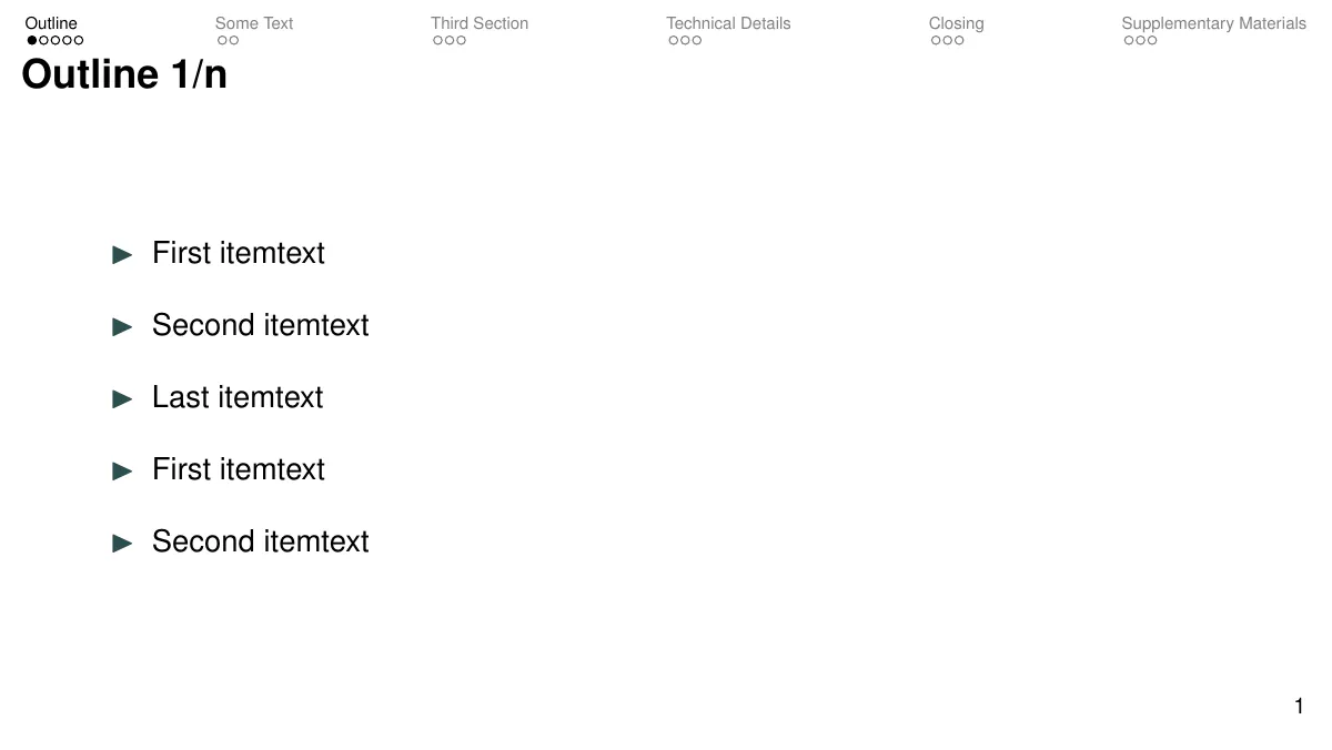 Minimal Beamer presentation with progress dots LaTeX template, page 2 of 20