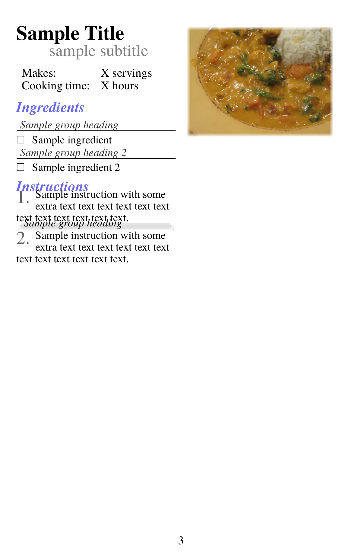 LaTeX-mallen Short recipe book sample with side-by-side recipes, sida 3 av 4
