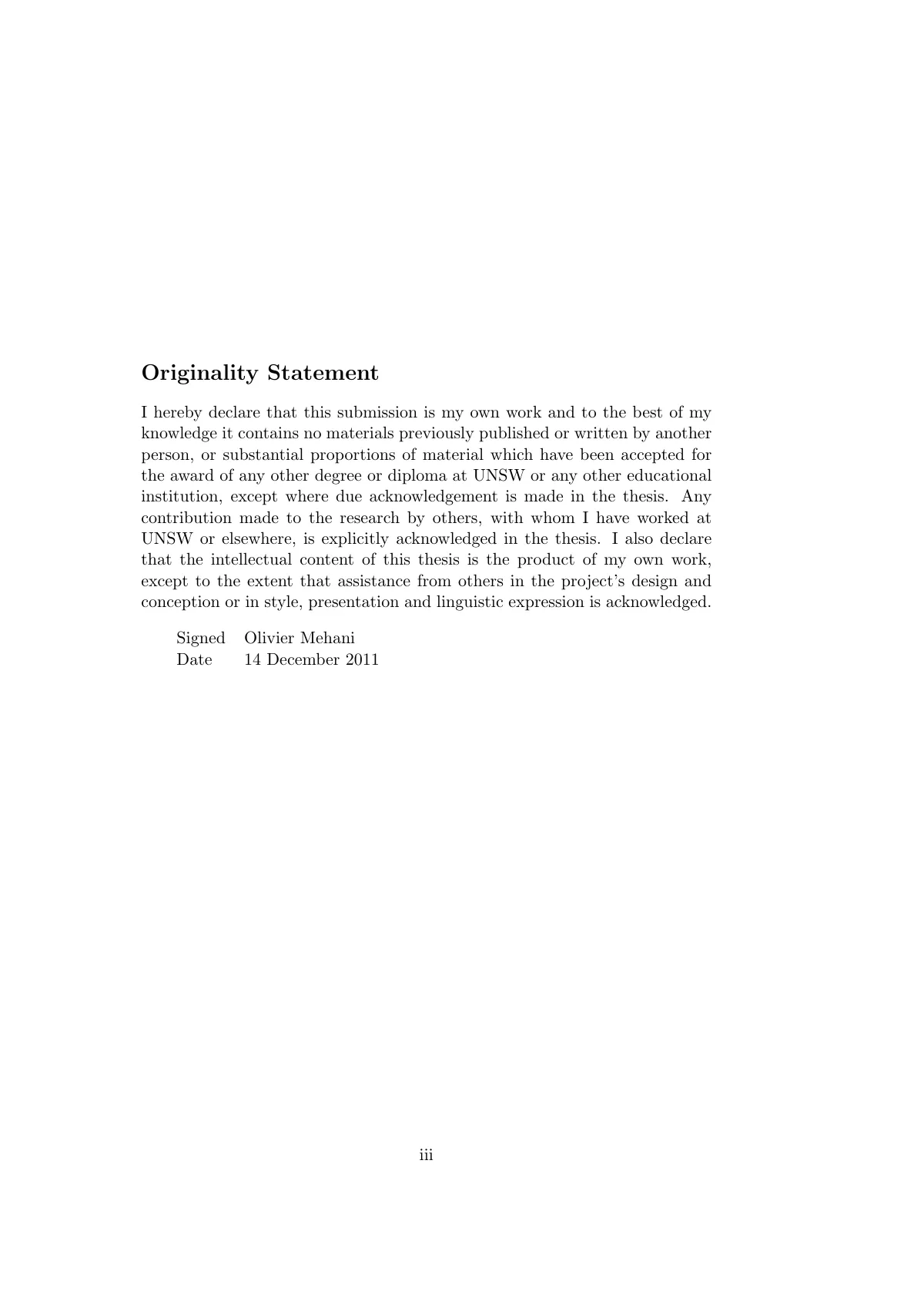 LaTeX-Vorlage PhD-Dissertation der UNSW mit Deckblatt und Erklärungen, Seite 3 von 27
