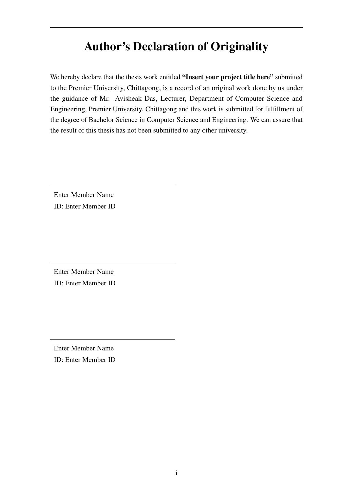Premier University Chittagong final-year project report LaTeX template, page 2 of 27