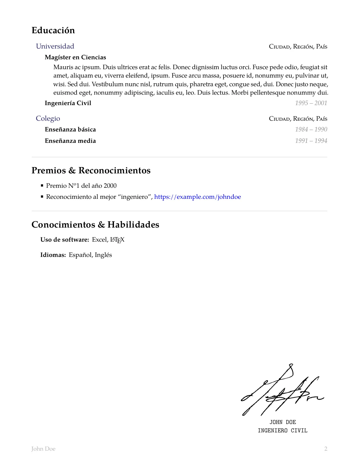 Professional CV in Spanish LaTeX template, page 2 of 2