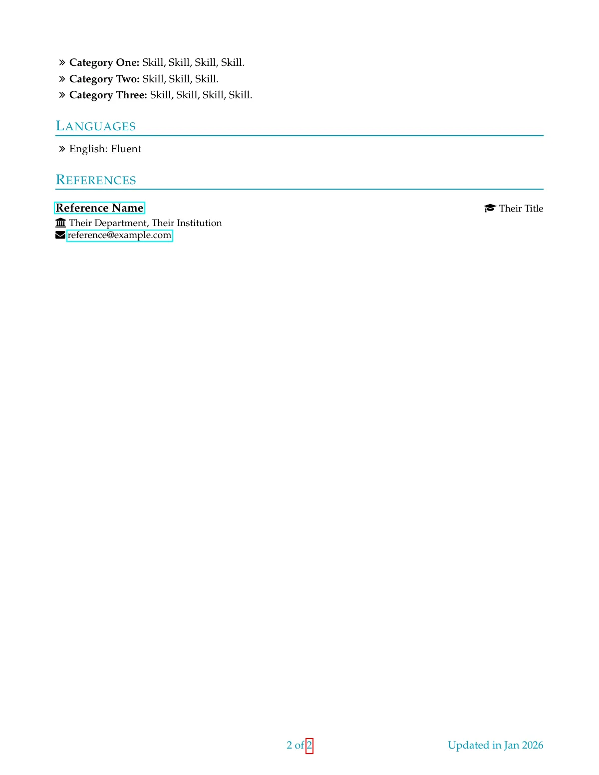 LaTeX-Vorlage Clean full-width CV, Seite 2 von 2