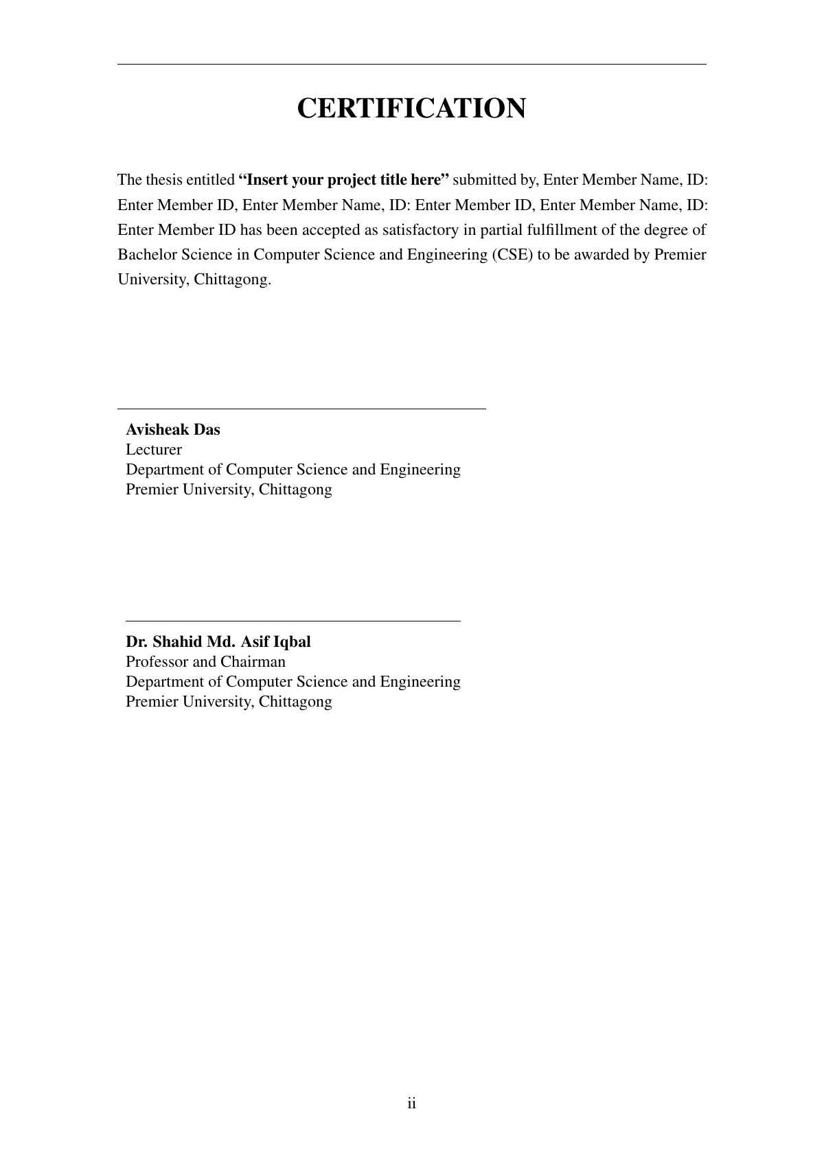 Premier University Chittagong final-year project report LaTeX template, page 3 of 27