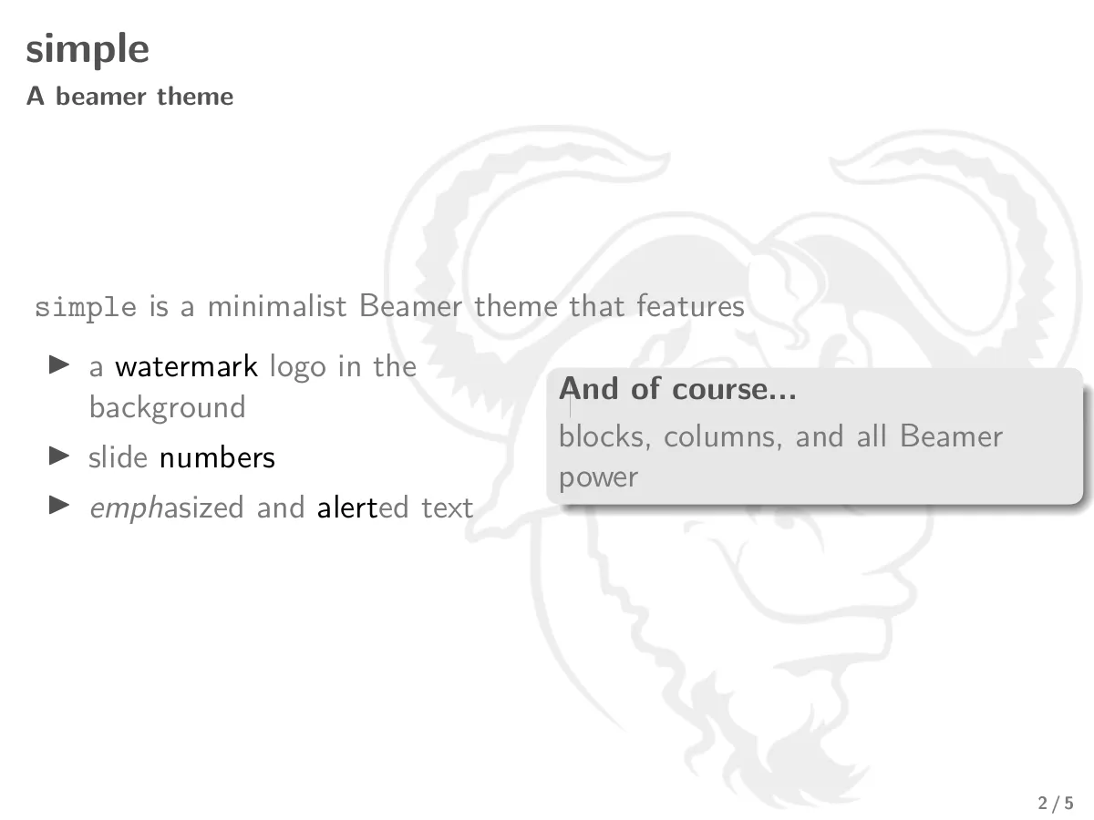 Minimalist Beamer theme with background watermark LaTeX template, page 2 of 5