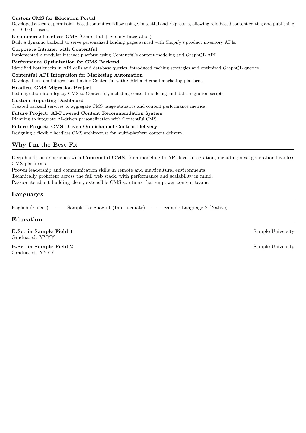 Plantilla de LaTeX CV de desarrollador centrado en proyectos y experiencia, página 2 de 2