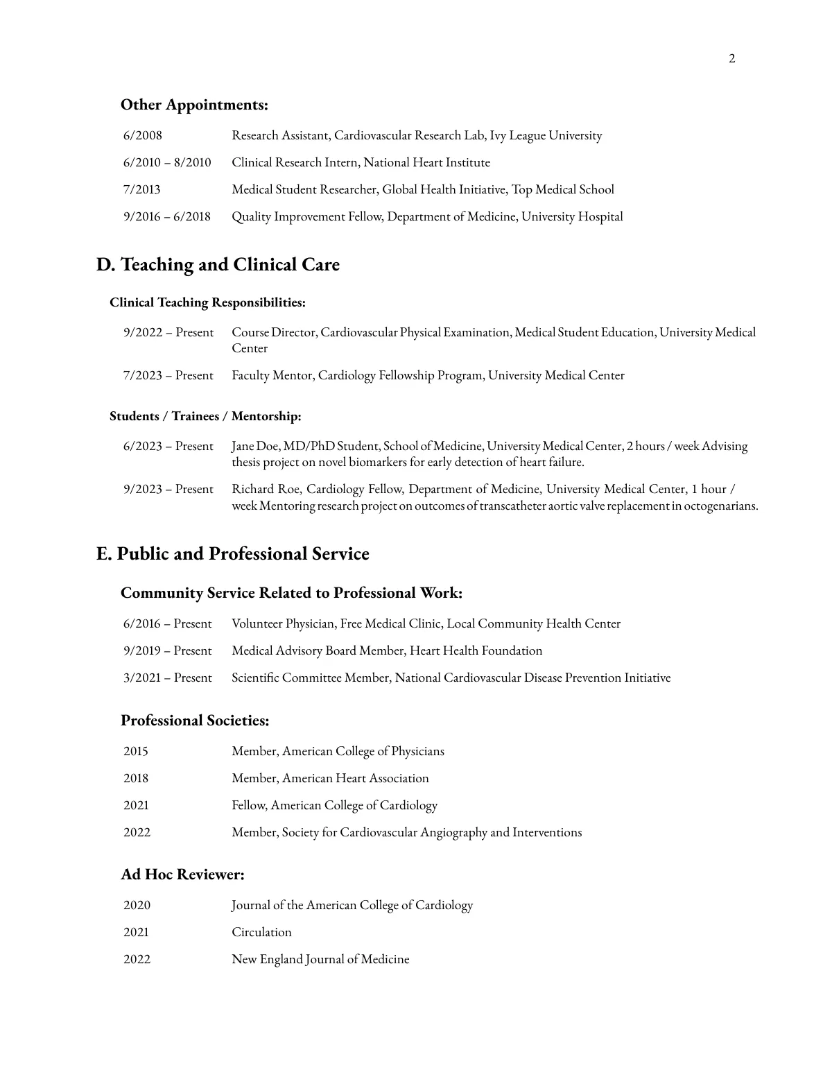 Plantilla de LaTeX CV de medicina académica con publicaciones en biblatex, página 2 de 4