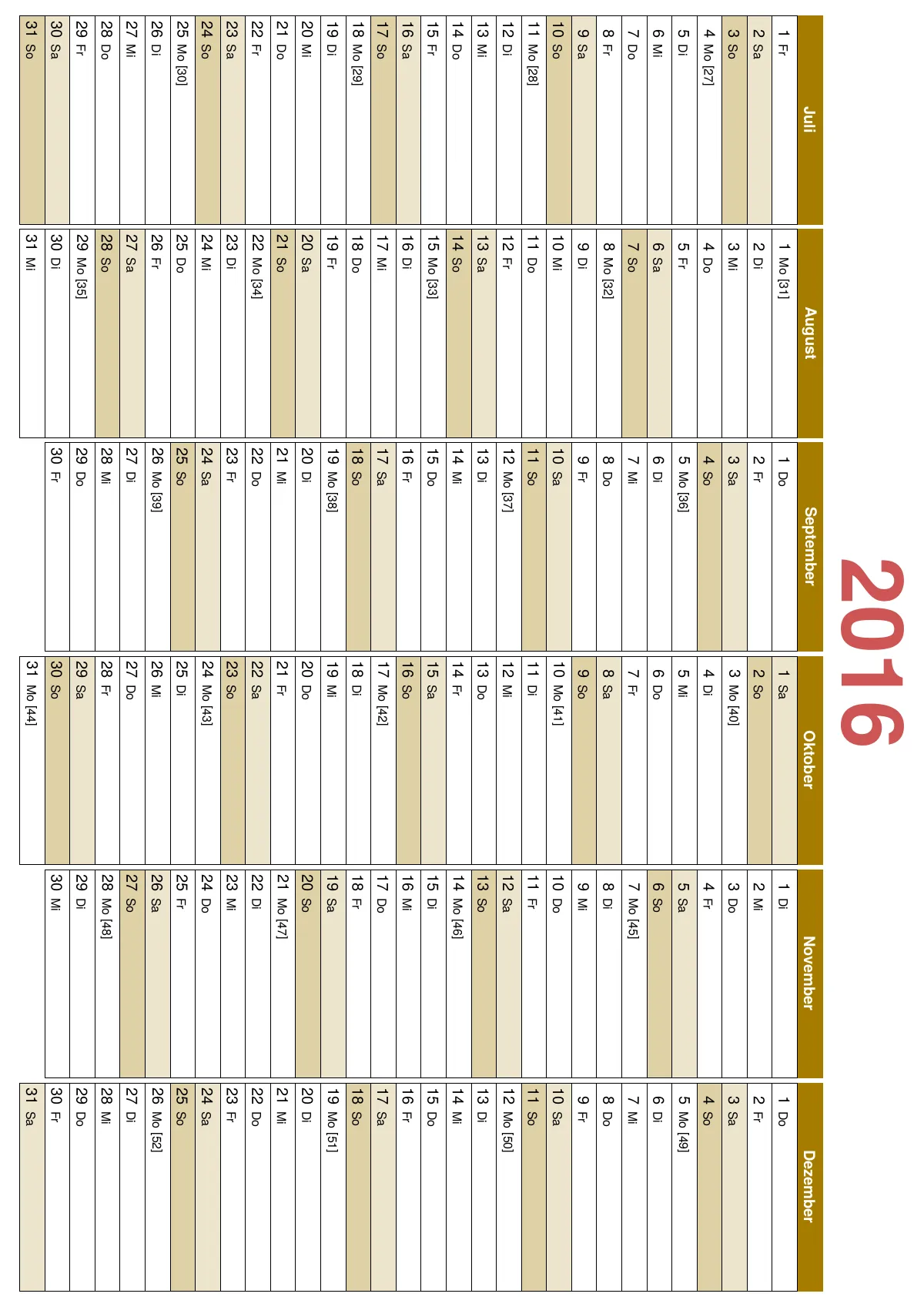 Plantilla de LaTeX Calendario anual en alemán con números de semana, TikZ, página 2 de 2