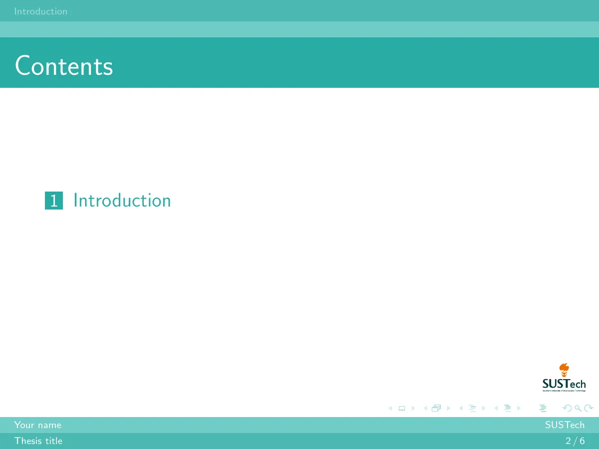 SUSTech thesis defence Beamer slides LaTeX template, page 2 of 6