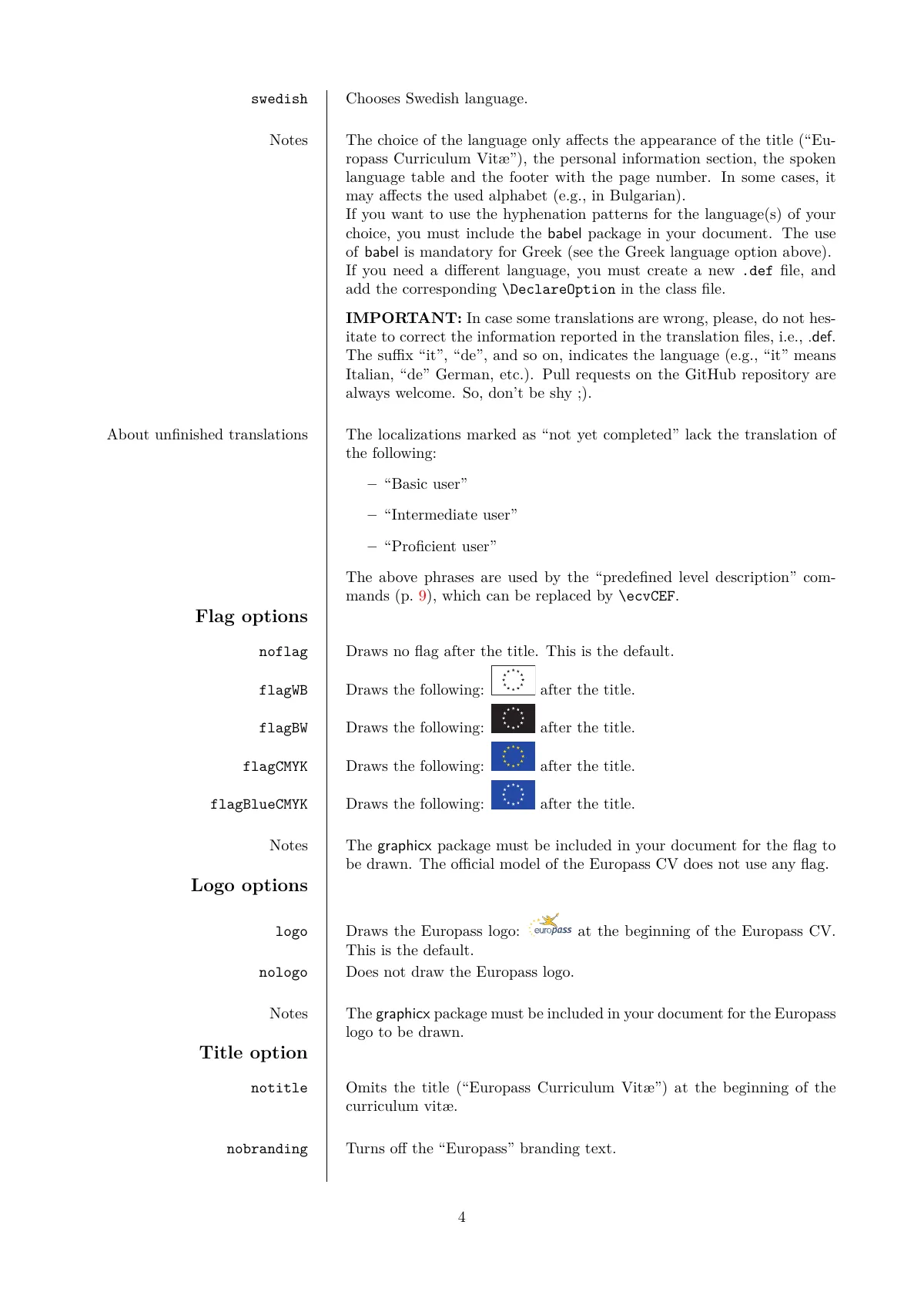 Plantilla de LaTeX Manual de la clase europecv, página 4 de 17