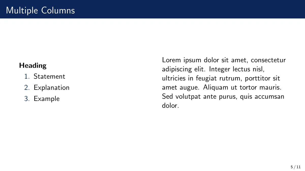 Modèle LaTeX Modèle Beamer bleu foncé simple, page 5 sur 11