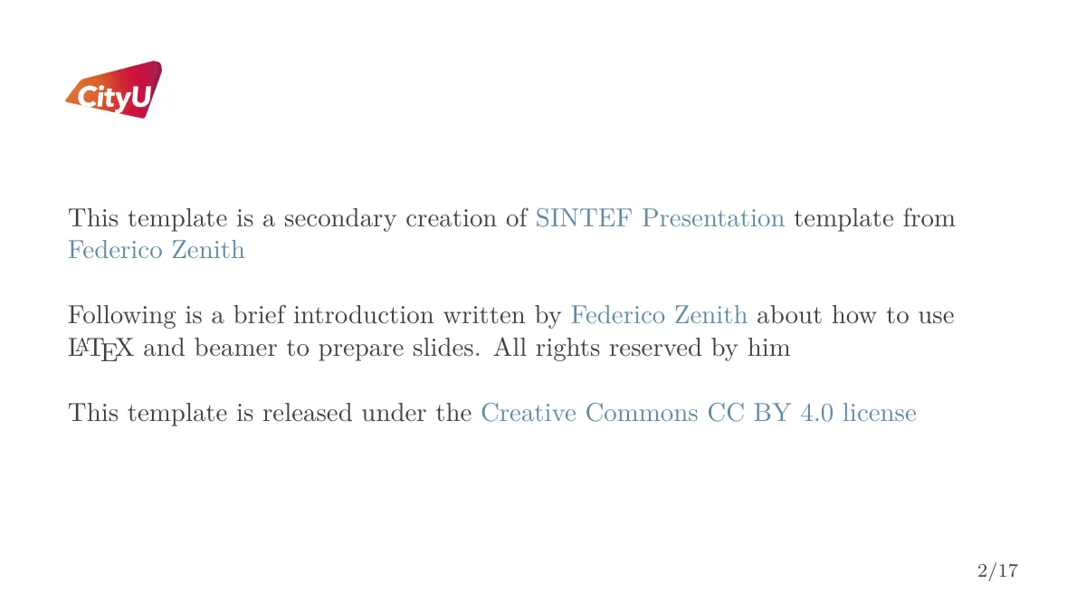 College Beamer theme with logos and title backgrounds LaTeX template, page 2 of 19