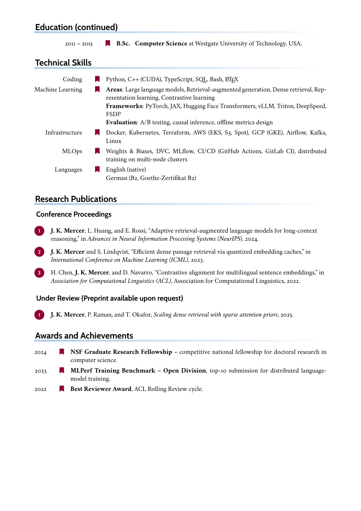 Two-page CV with the curve class and sections LaTeX template, page 2 of 2
