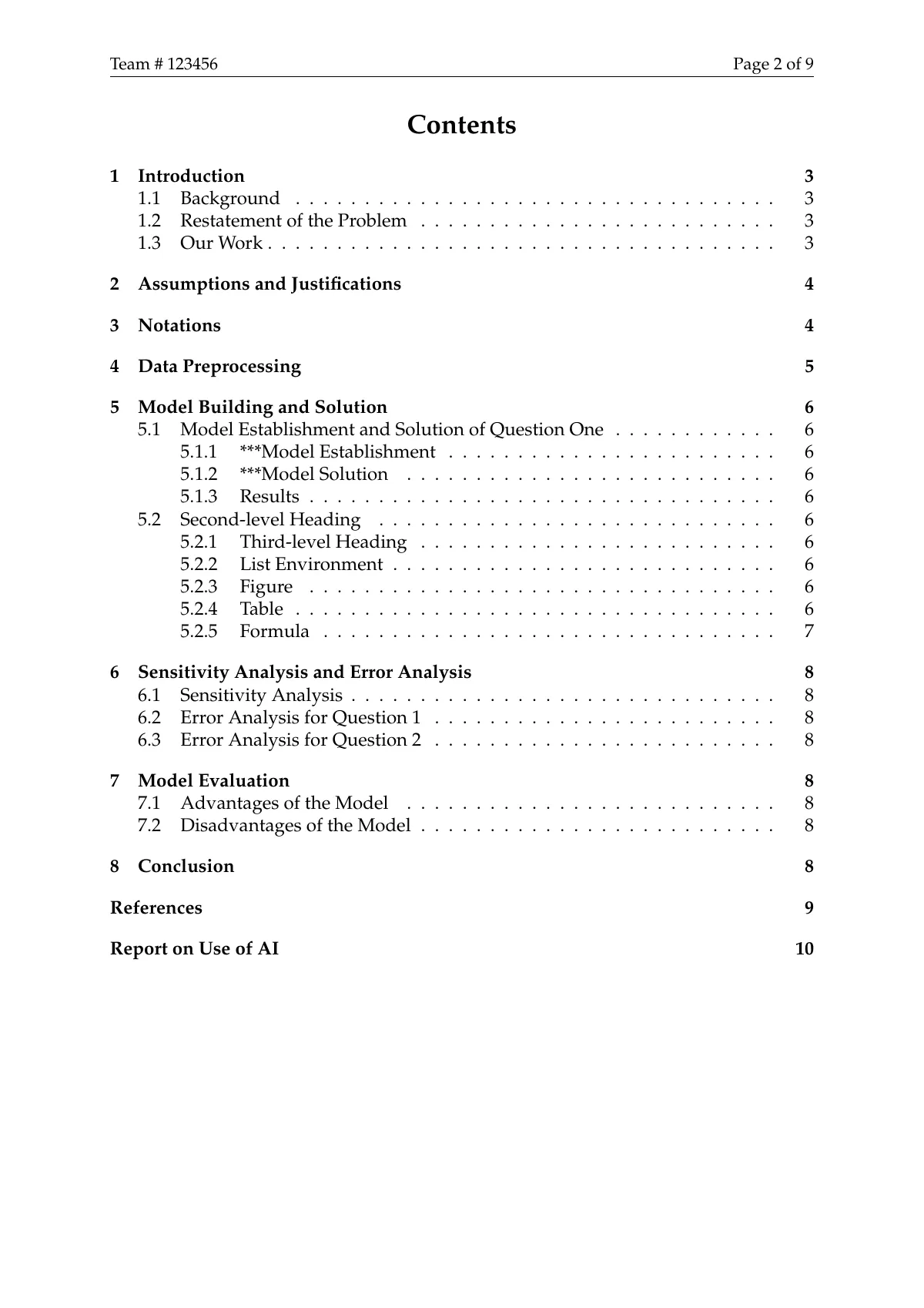 MCM/ICM mathematical modelling contest paper LaTeX template, page 2 of 11