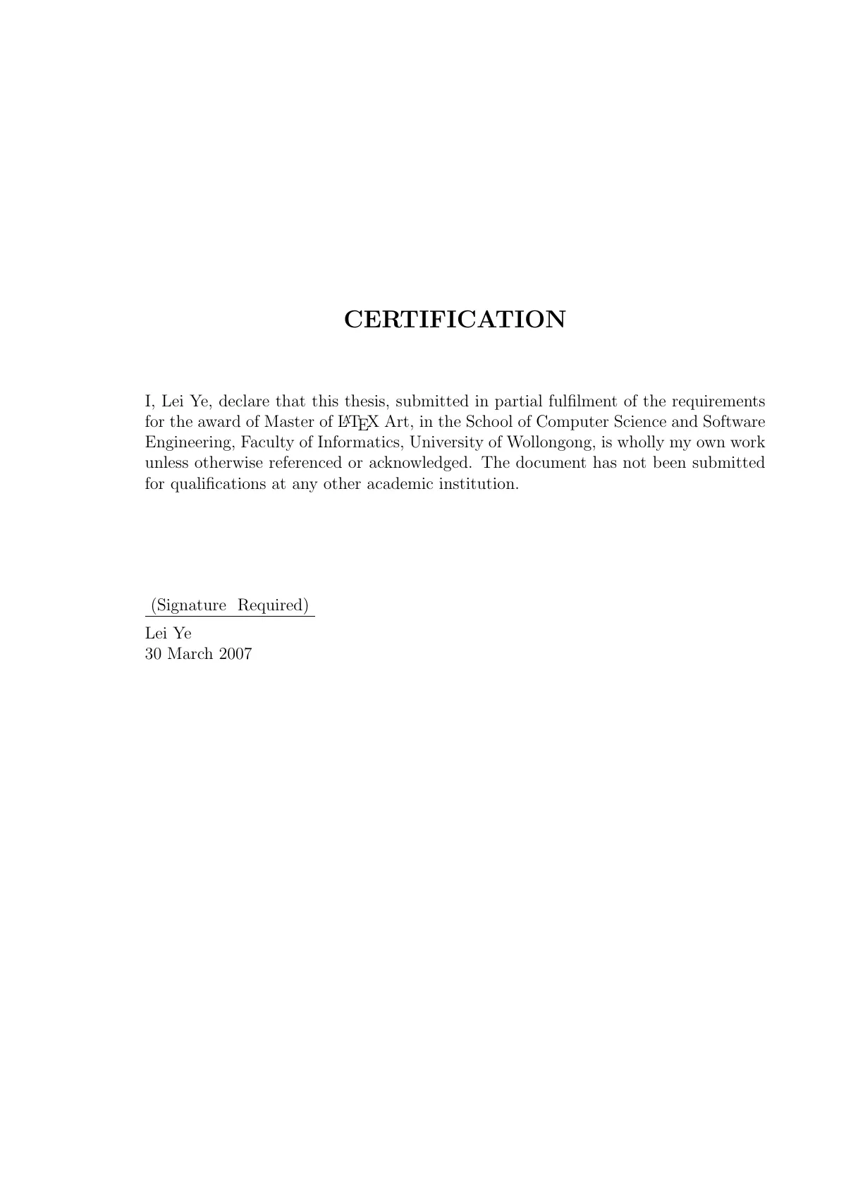 LaTeX-Vorlage Abschlussarbeit für höhere Grade der University of Wollongong, Seite 3 von 13