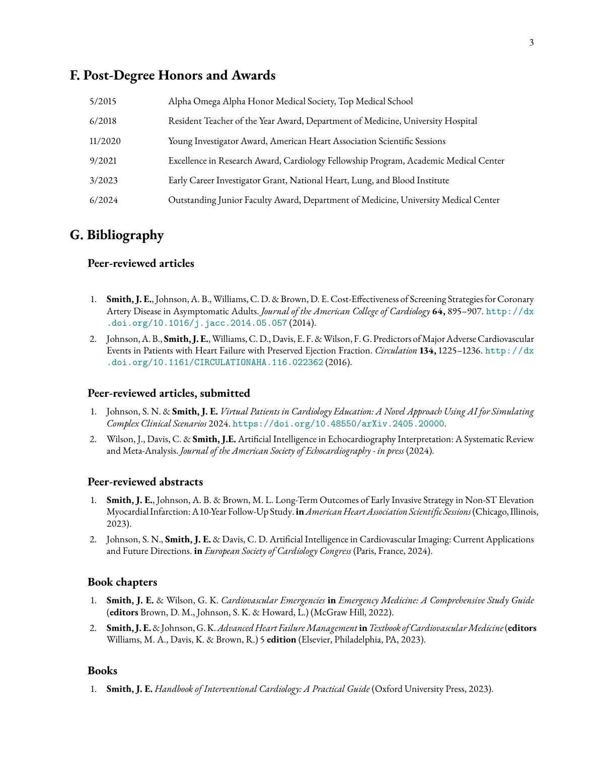 Plantilla de LaTeX CV de medicina académica con publicaciones en biblatex, página 3 de 4