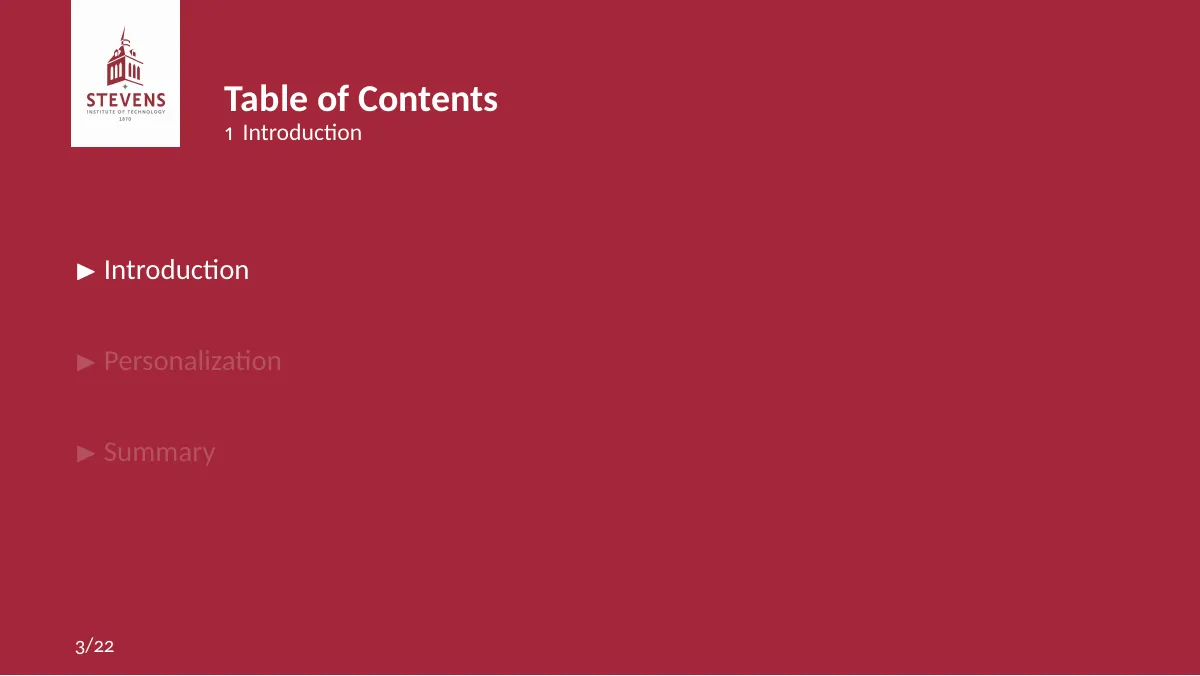 Stevens Institute of Technology Beamer presentation LaTeX template, page 3 of 25