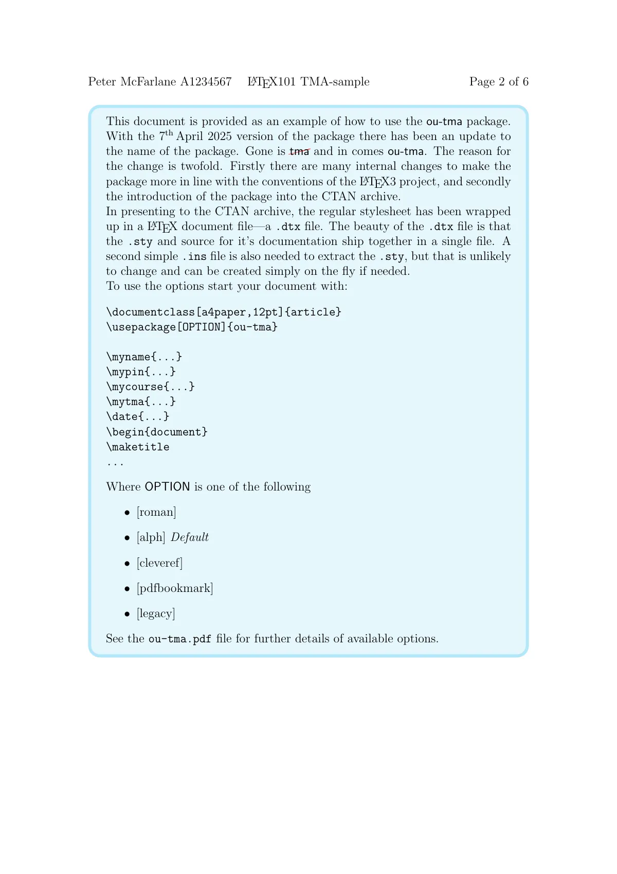 Open University tutor-marked assignment LaTeX template, page 2 of 6