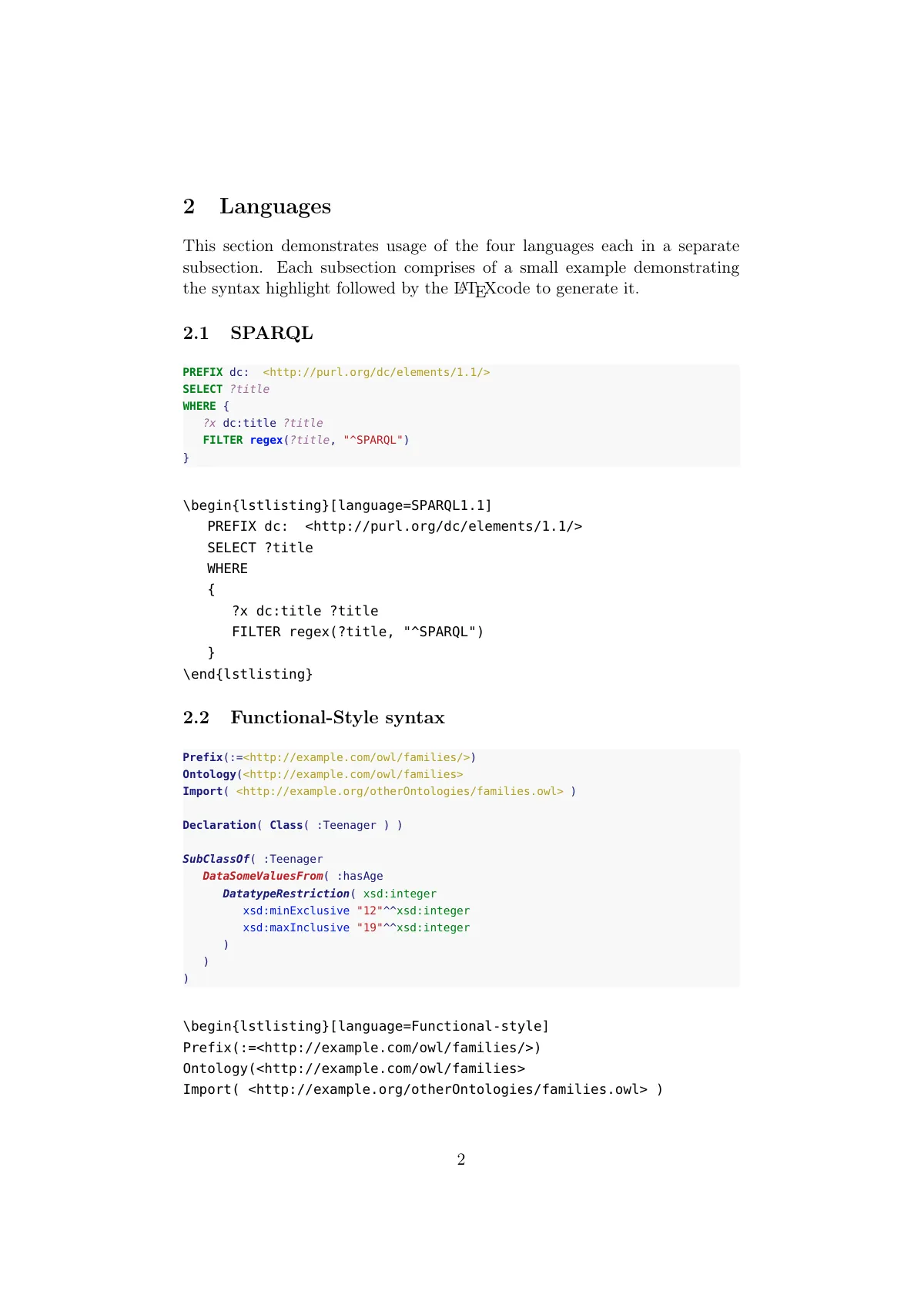 OWL ontology syntax highlighting manual LaTeX template, page 2 of 21