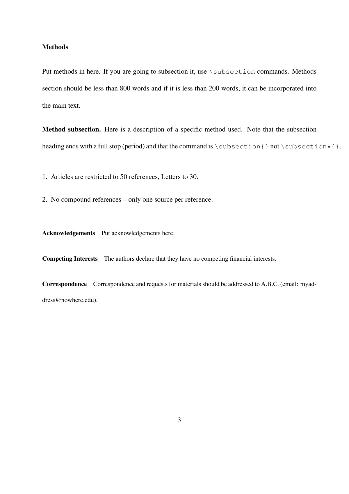 Nature-style paper (nature class) LaTeX template, page 3 of 4