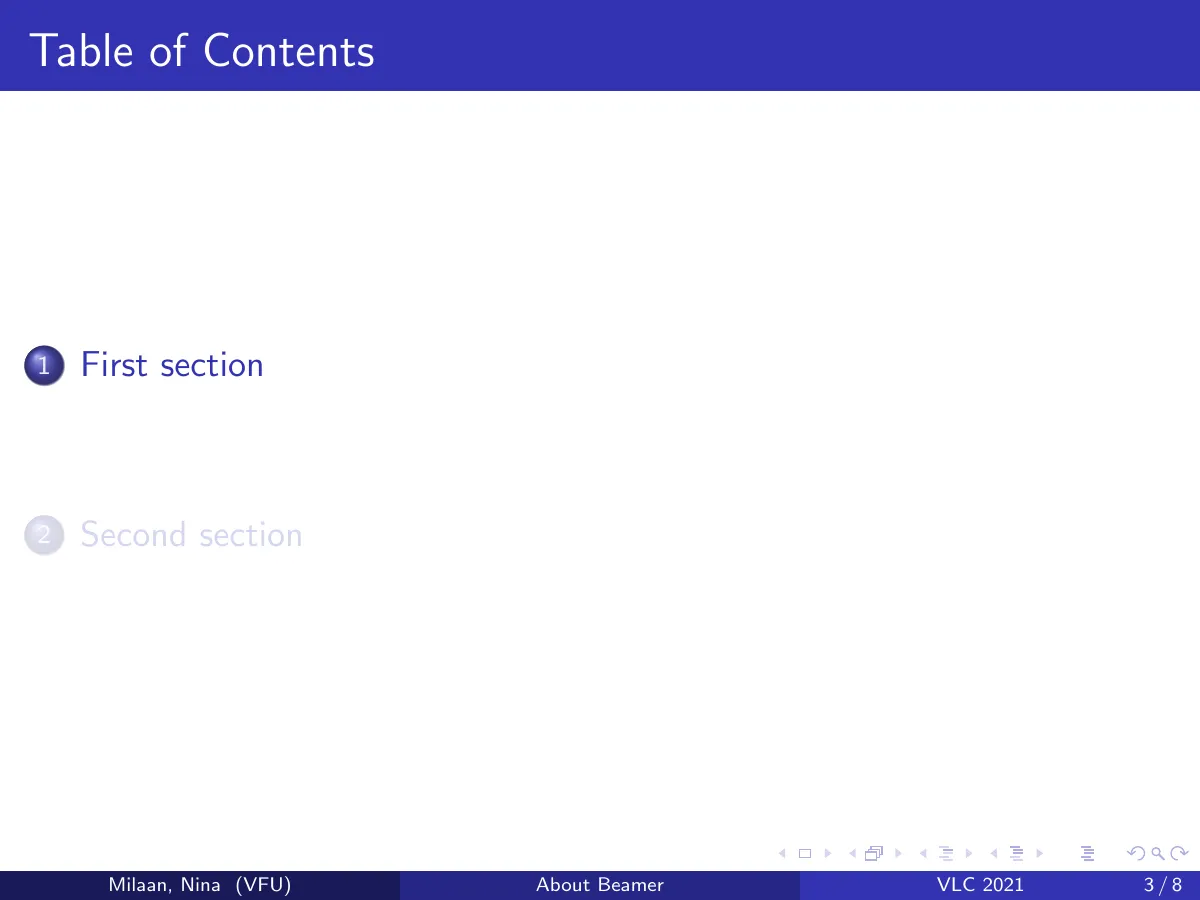 First Beamer presentation, short example LaTeX template, page 3 of 13