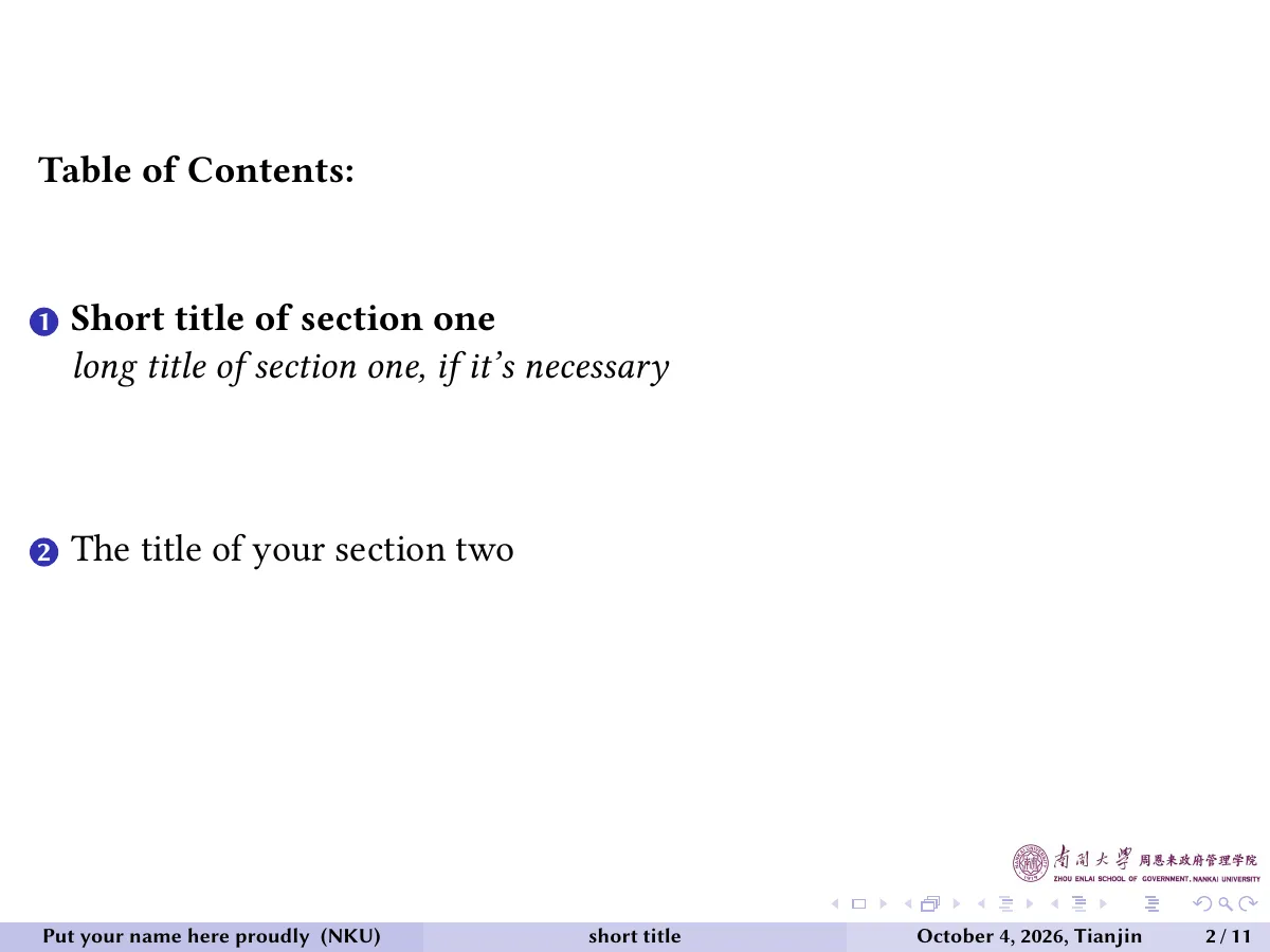 LaTeX-Vorlage Nankai University PhD Beamer presentation, Seite 2 von 11