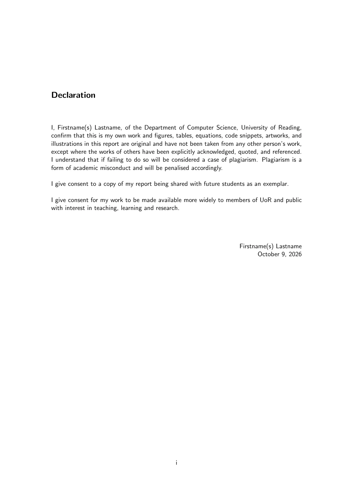 Undergraduate report, University of Reading LaTeX template, page 2 of 28