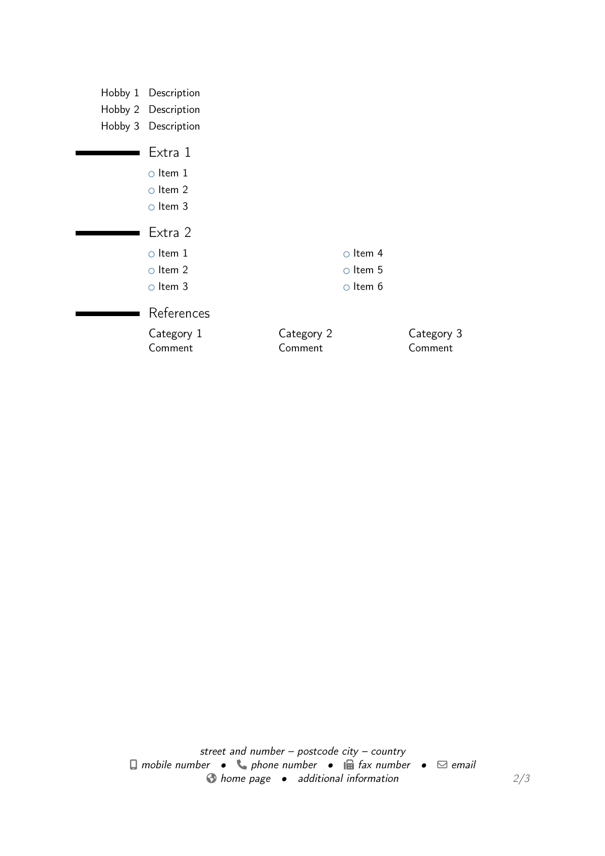 ModernCV résumé with cover letter LaTeX template, page 2 of 3