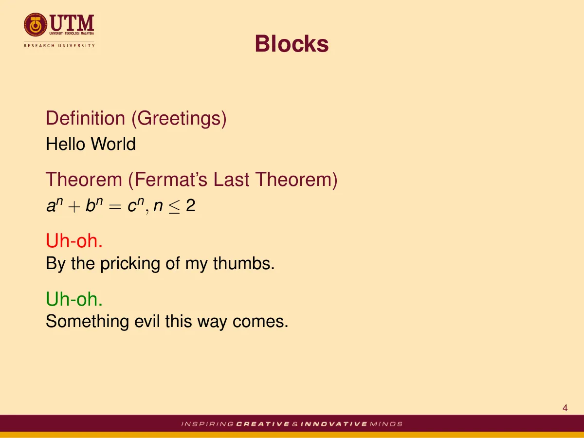 LaTeX-Vorlage Beamer-Theme der Universiti Teknologi Malaysia (Skudai), Seite 4 von 4