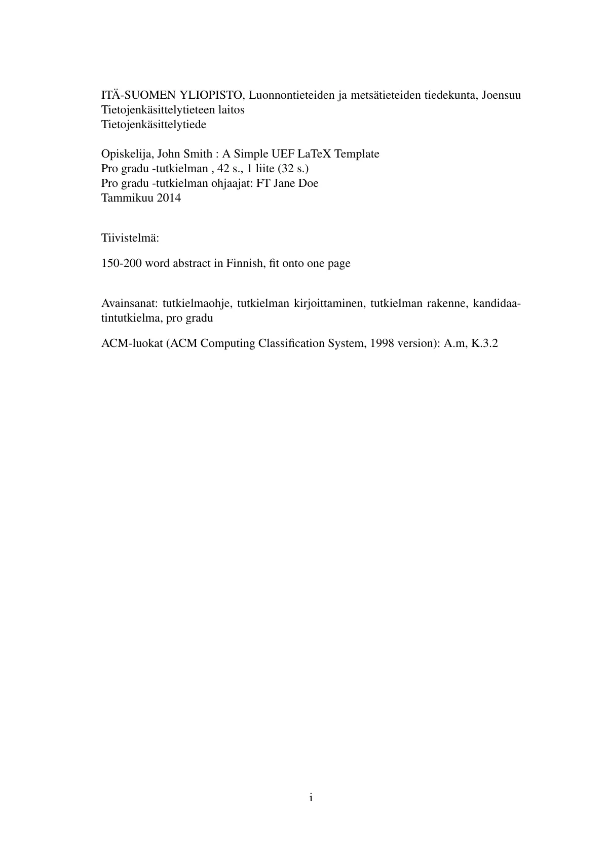 University of Eastern Finland thesis template LaTeX template, page 2 of 8